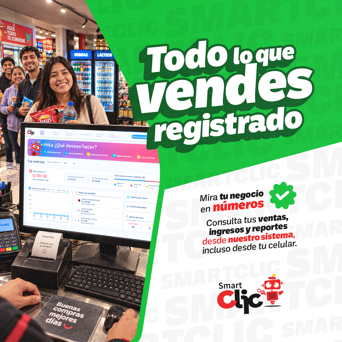 Todo lo que vendes, registrado. Mira tu negocio en números. Consulta tus ventas, ingresos y reportes desde nuestro sistema, incluso desde tu celular.